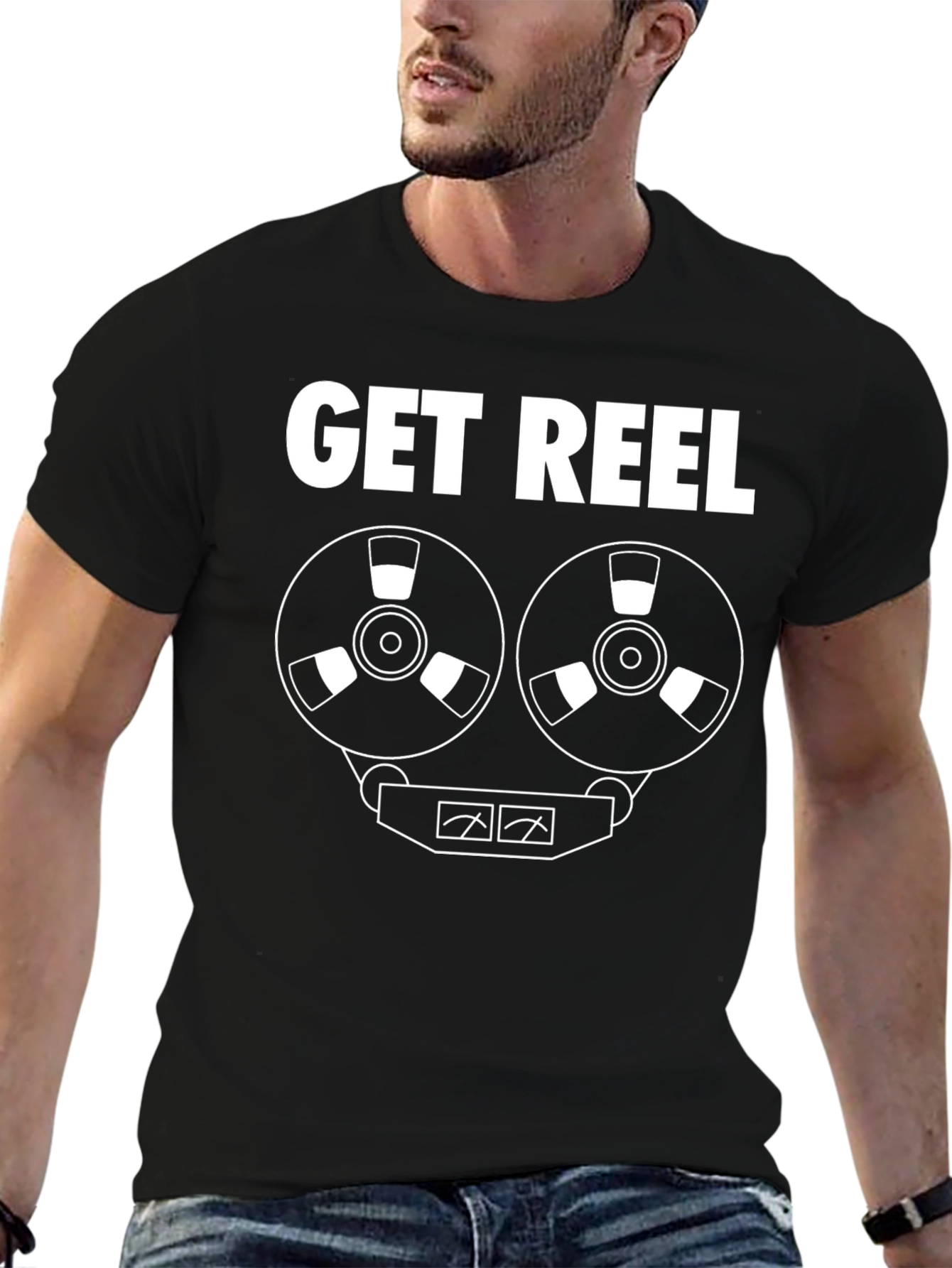Black Get Reel T-Shirt - Retro Audio Enthusiast Tee view 6