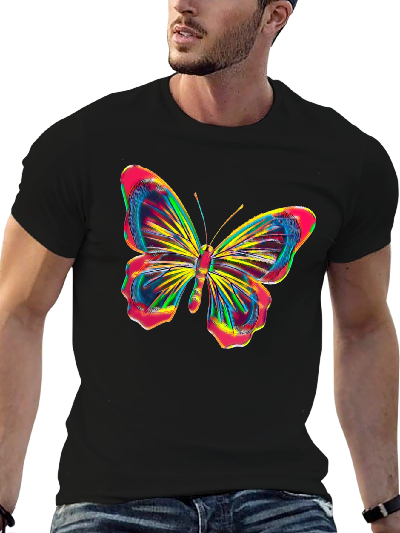Black Vibrant Butterfly Graphic Tee - Bold Black Cotton Shirt view 6