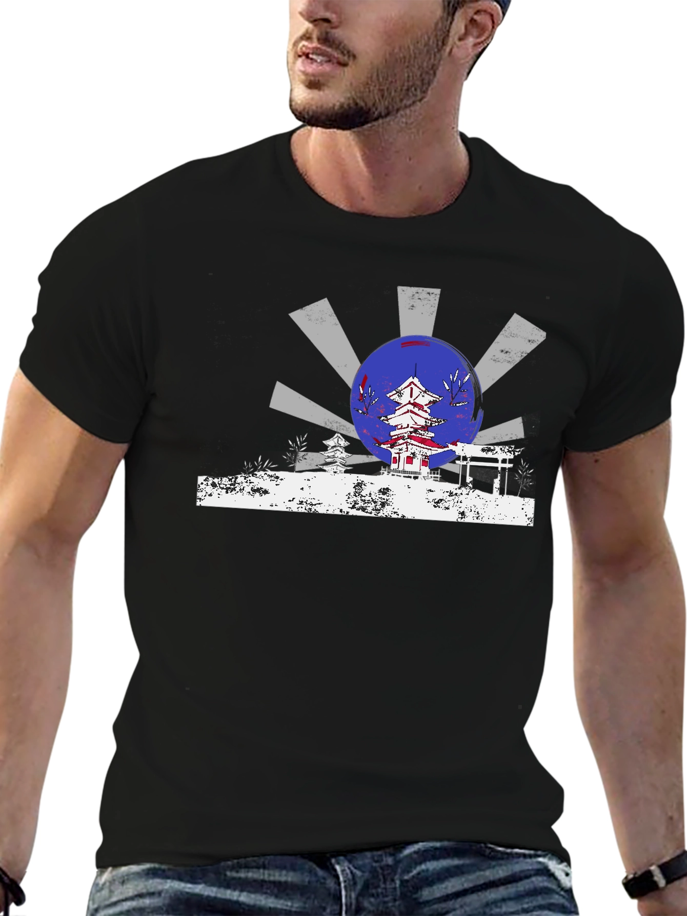 Black Japanese Temple Design T-Shirt view 6