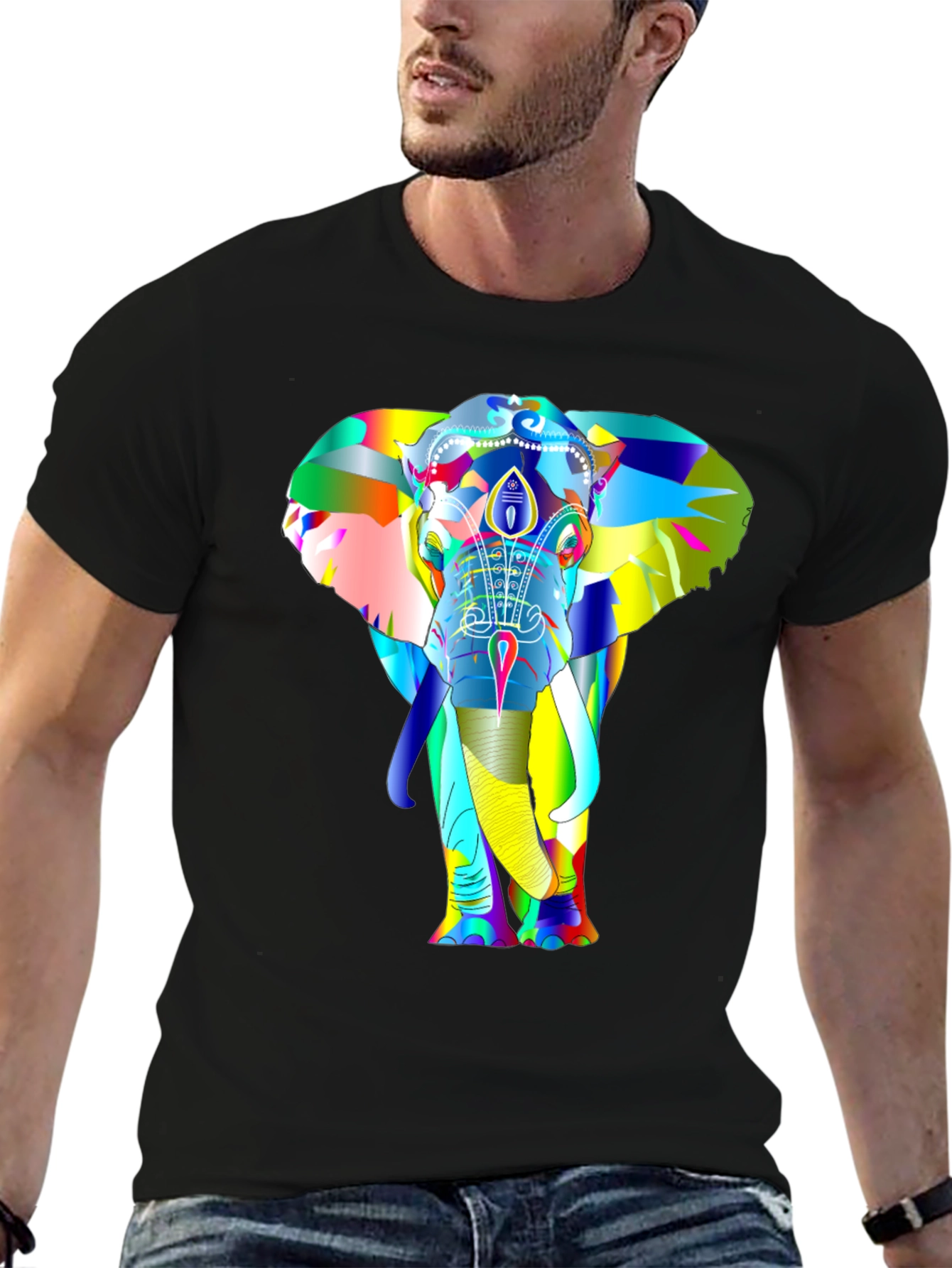 Black Colorful Elephant Graphic T-Shirt view 6