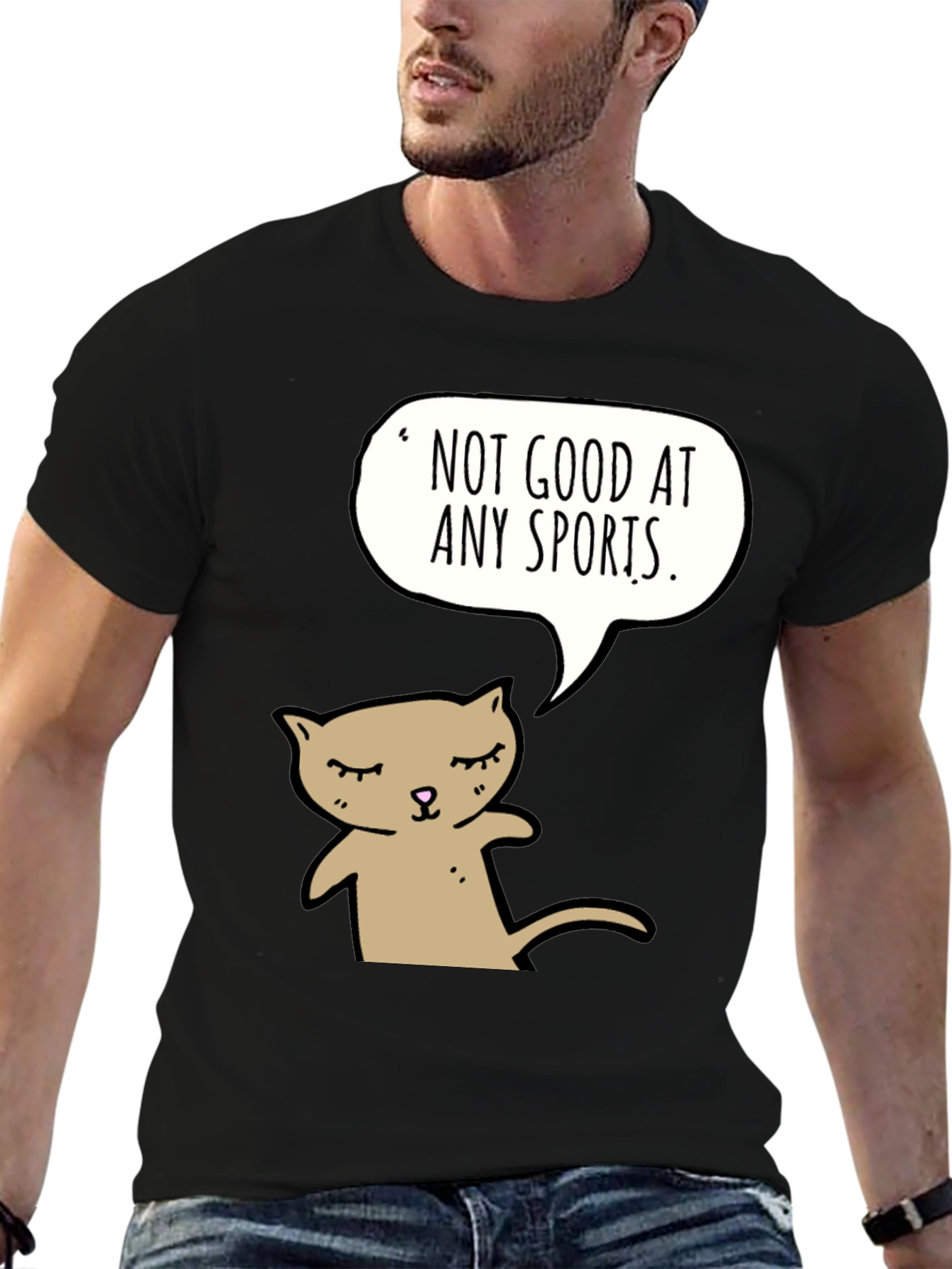 Black Funny Cat T-Shirt - "Not Good at Any Sports" view 6