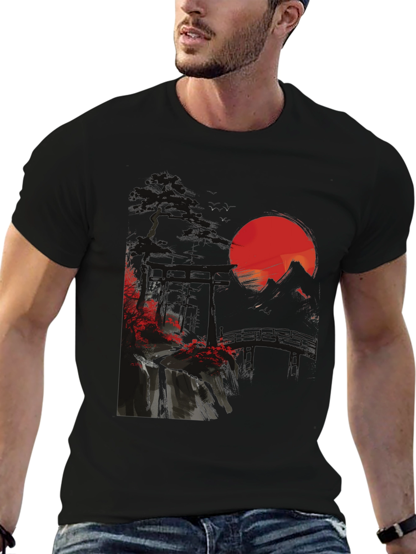 Black Japanese Sunset Graphic Tee view 6