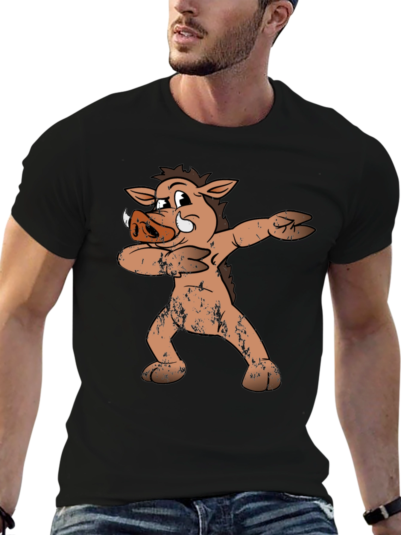 Black Dabbing Boar Graphic Tee - Funny Cartoon Pig T-Shirt view 6