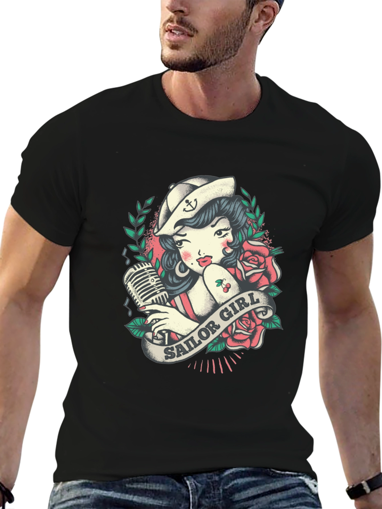 Black Sailor Girl Tattoo Graphic T-Shirt view 6
