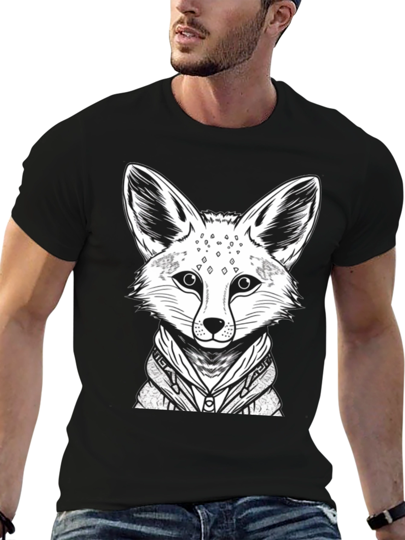 Black Cool Fox Graphic Tee - Men's Black Cotton Shirt view 6