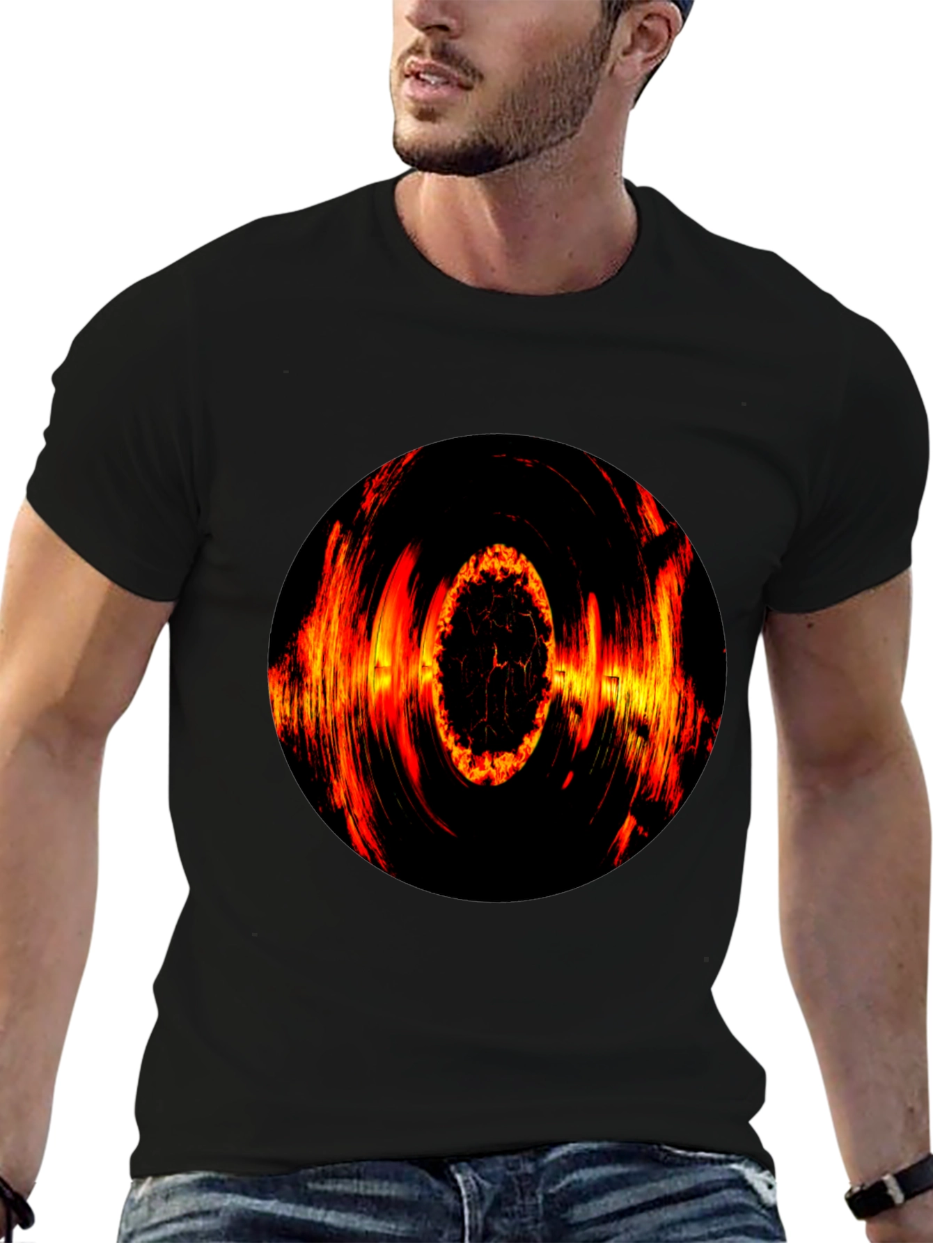 Black Fiery Vortex Graphic T-Shirt - Bold Black Tee view 6