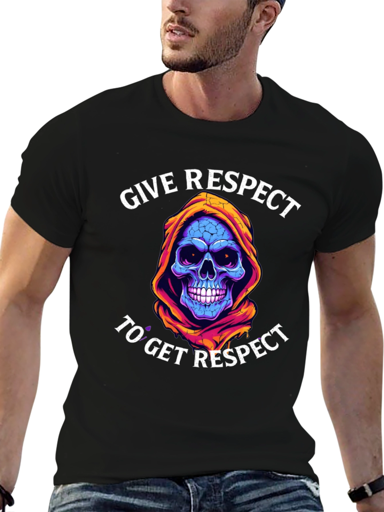 Black Give Respect T-Shirt: Skull Reaper Design view 6