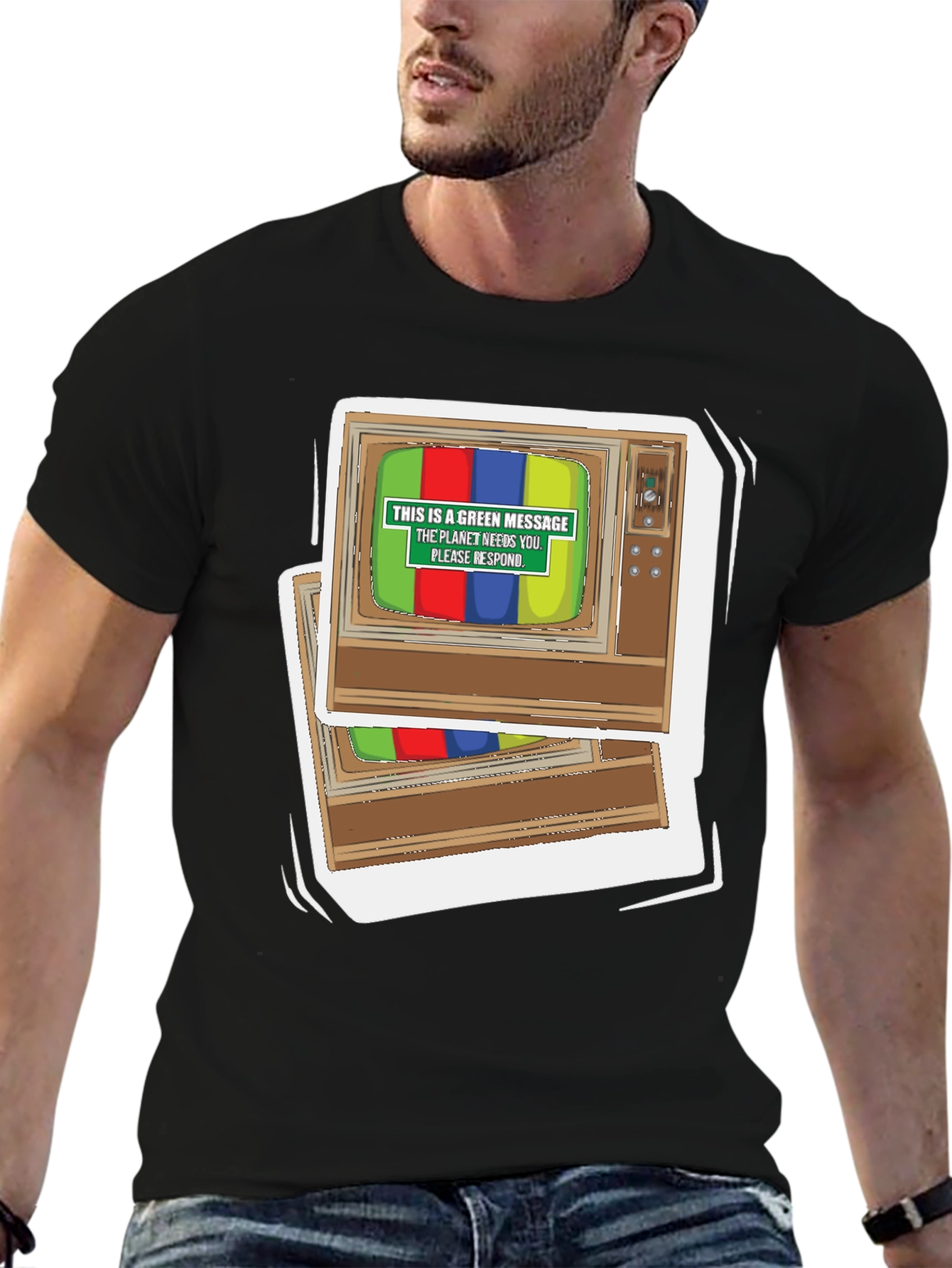 Black Retro TV Green Message Graphic Tee view 6