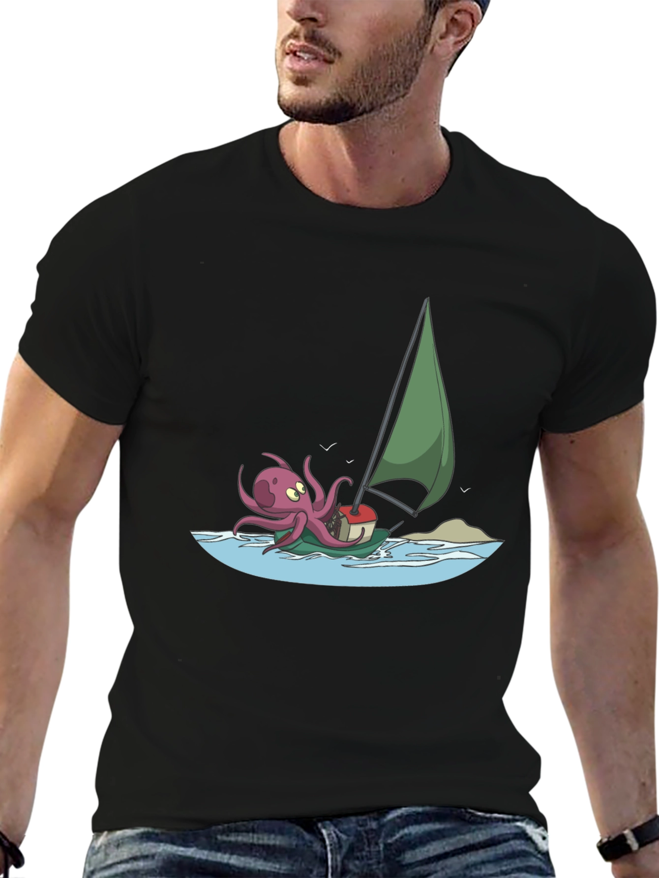 Black Octopus Sailing T-Shirt - Cartoon Design view 6