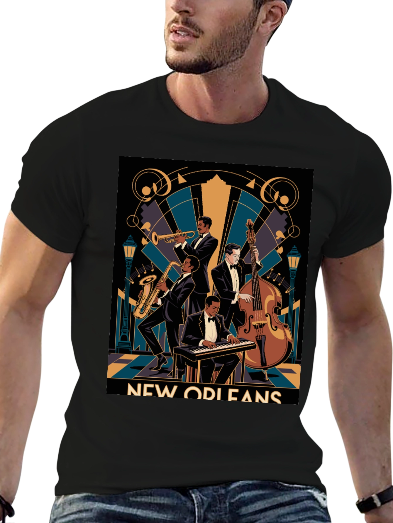 Black New Orleans Jazz Band T-Shirt - Vintage Style view 6
