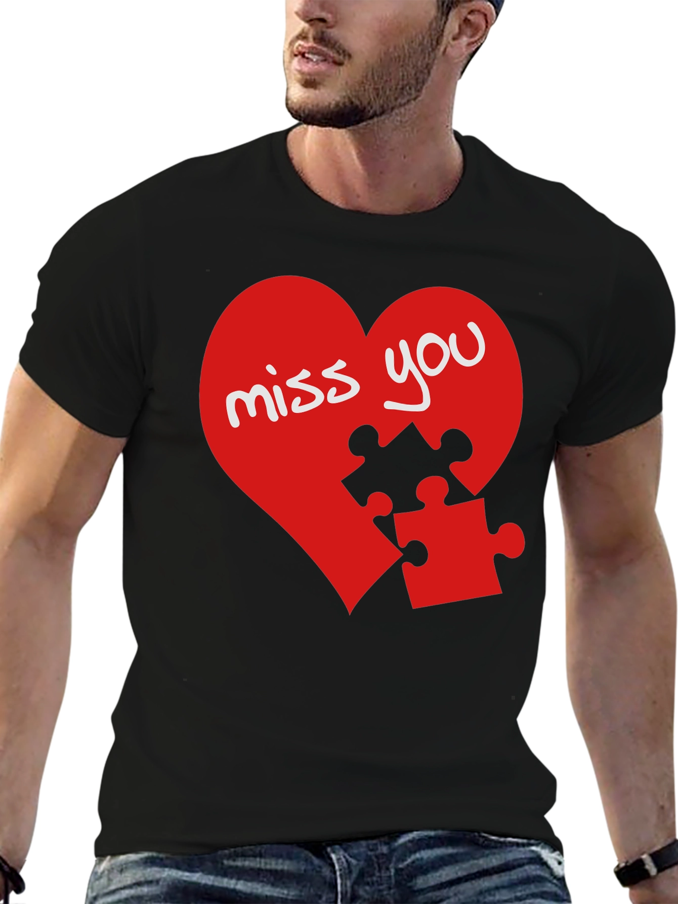 Black Miss You Heart Puzzle Piece Graphic Black T-Shirt view 6