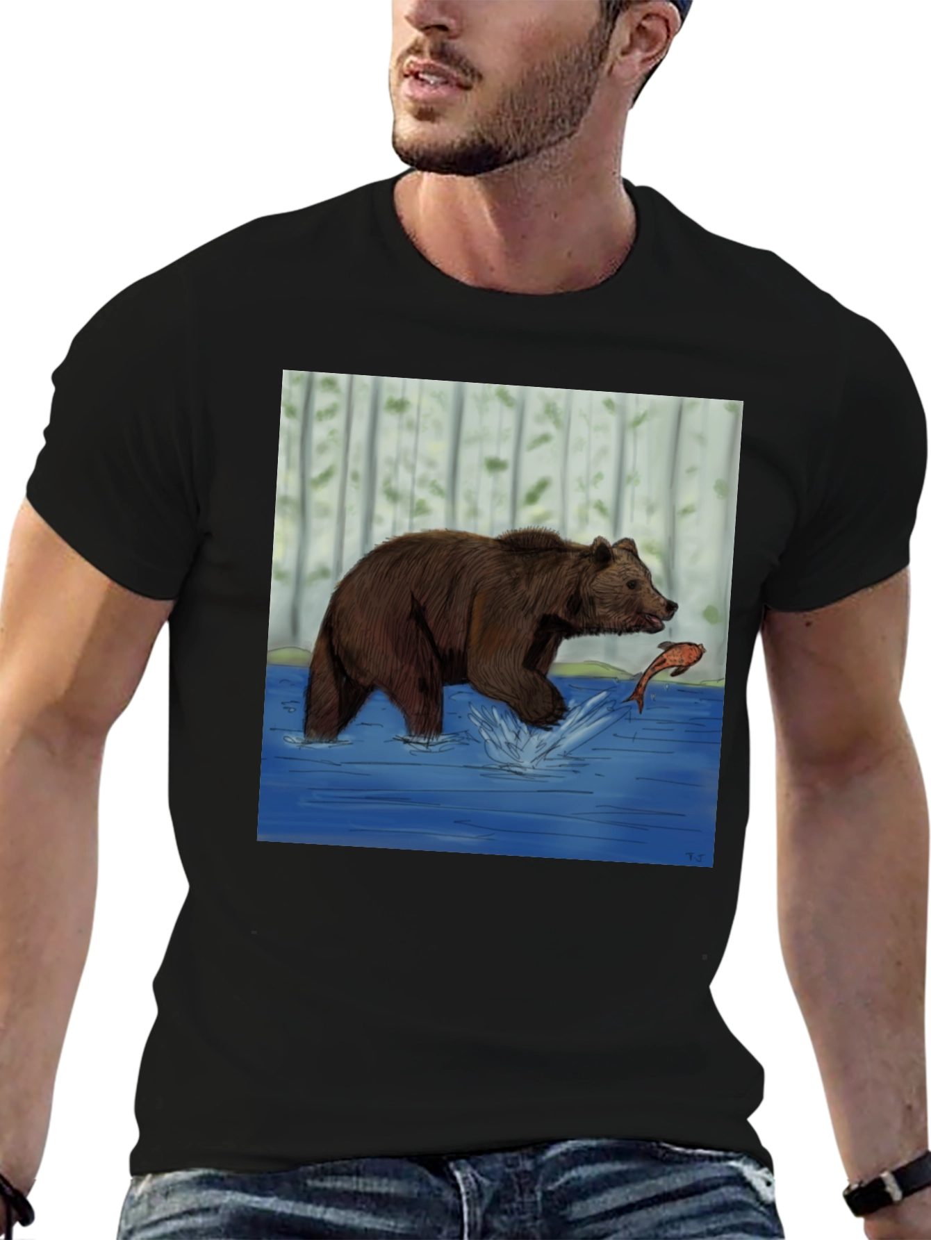 Black Bear and Fish Graphic Tee - Black Cotton Blend view 6