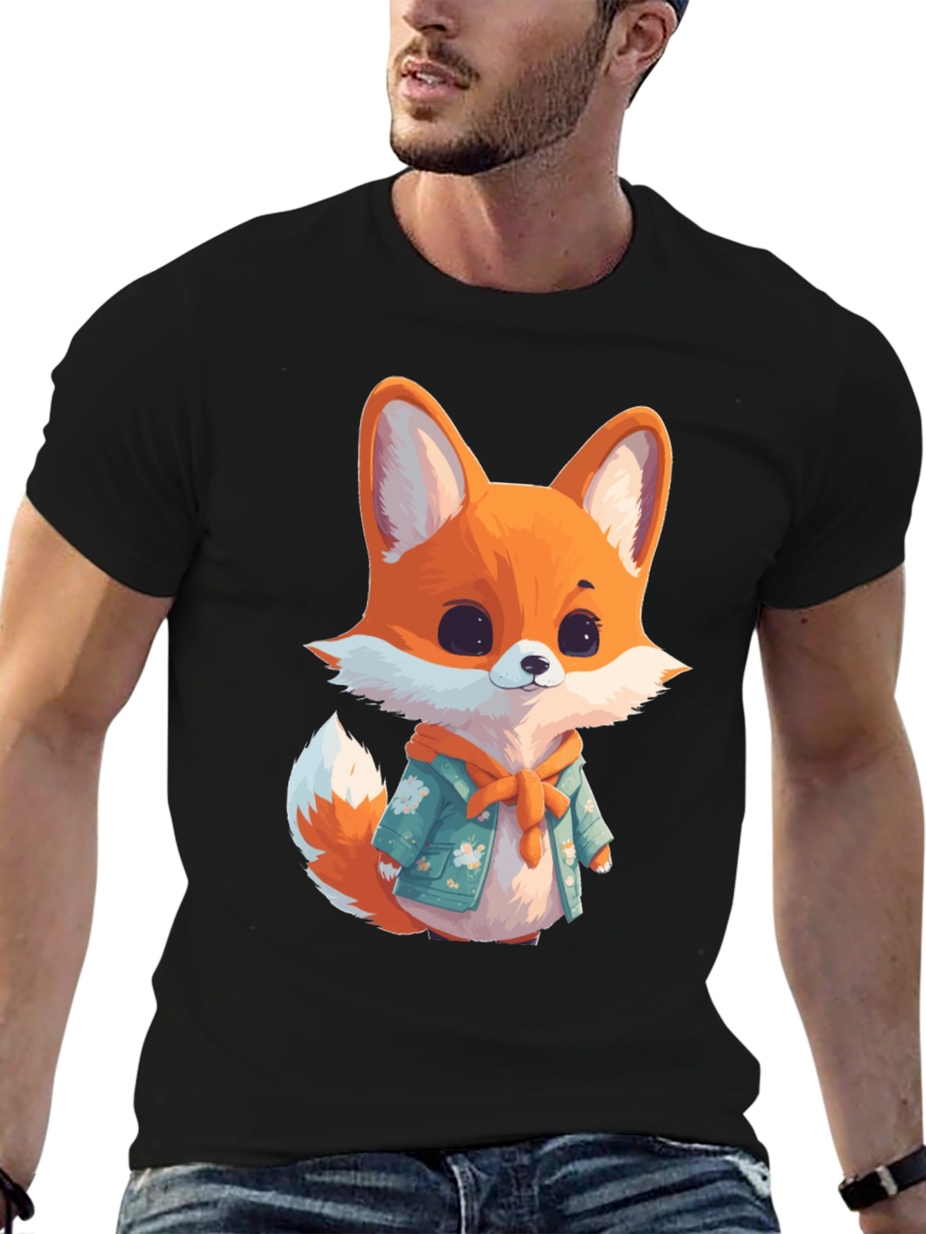 Black Cute Fox Graphic Black T-Shirt view 6