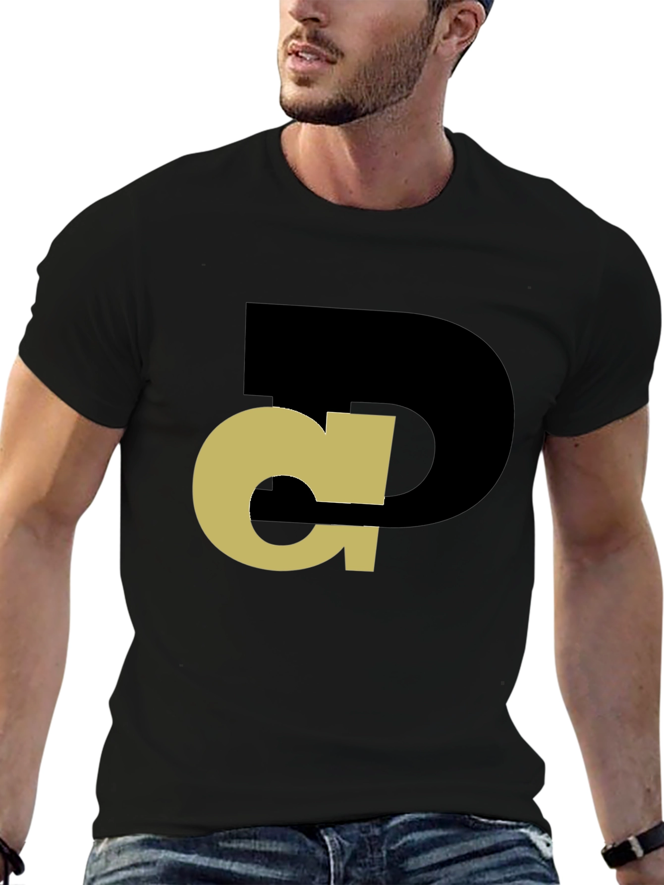 Black Abstract Initial T-Shirt - Black Tee with Gold Design view 6