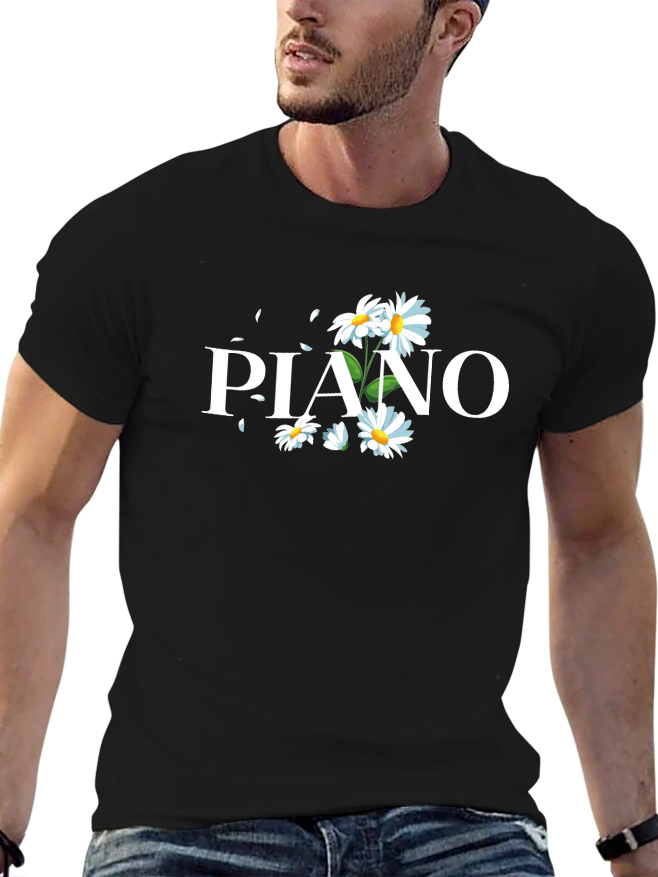 Black Floral Piano T-Shirt - Black Cotton Tee view 6