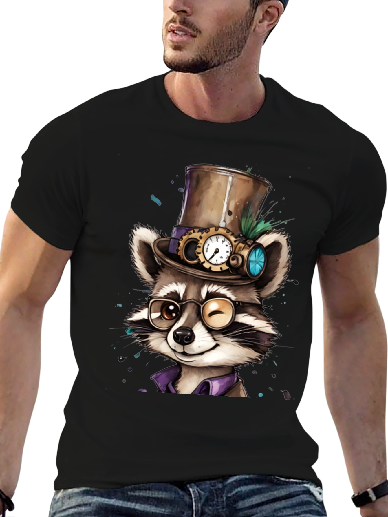 Black Steampunk Raccoon Graphic Tee view 6