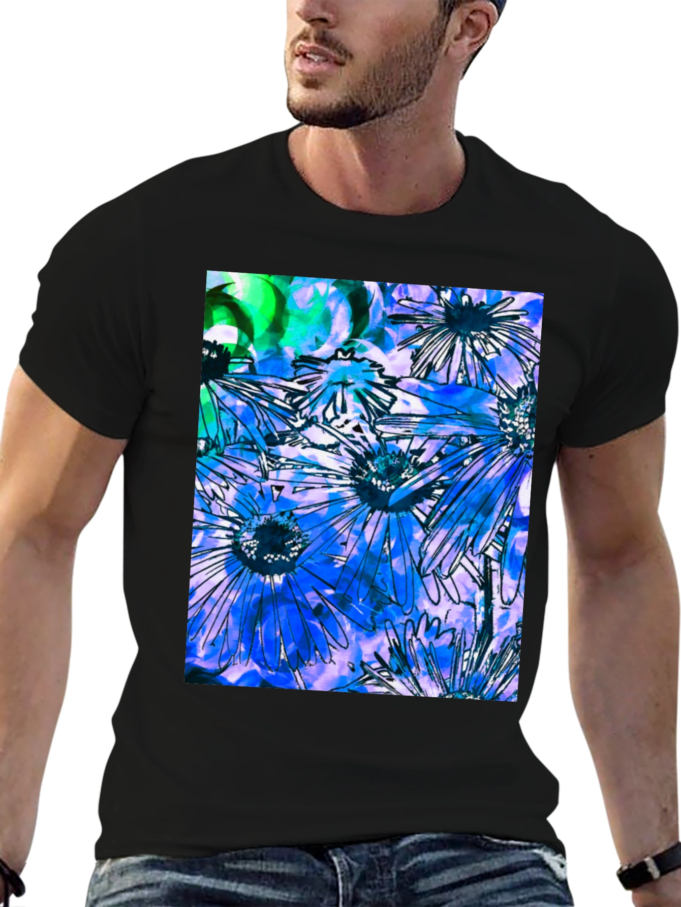 Black Floral Burst Graphic Tee - Black Cotton Blend view 6