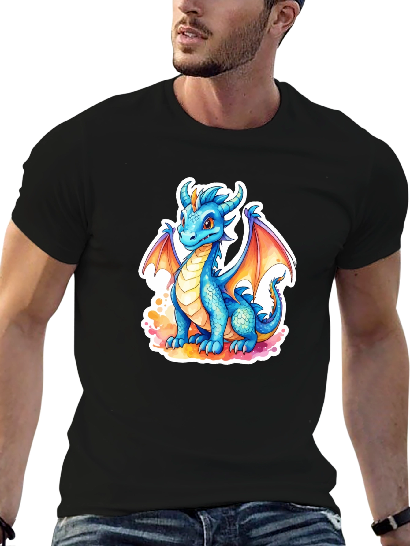 Black Cute Blue Dragon Graphic Tee - Fantasy T-Shirt view 6