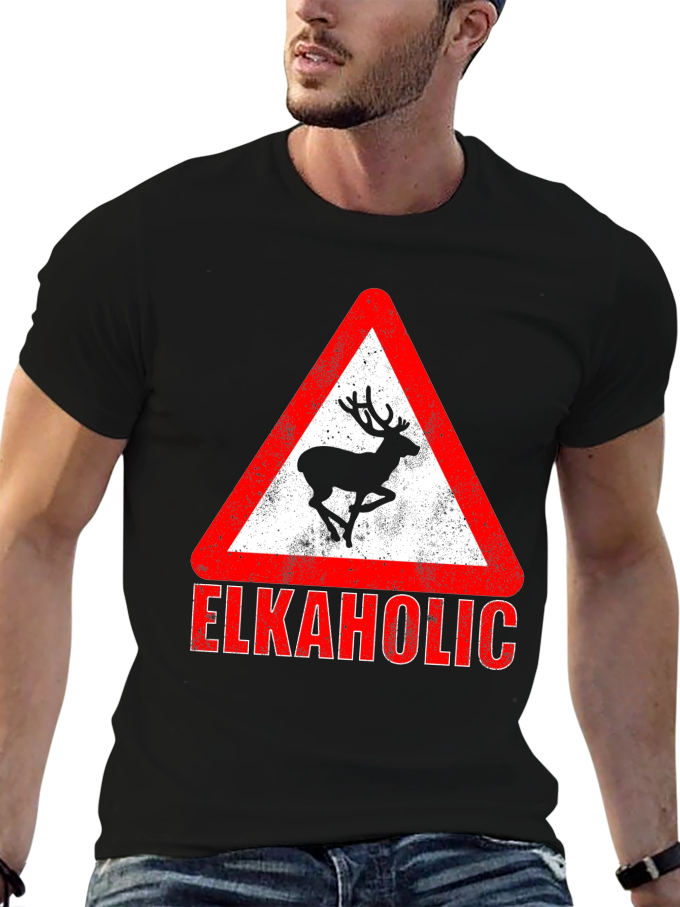 Black Elkaholic Graphic Tee - Funny Elk Warning Sign view 6