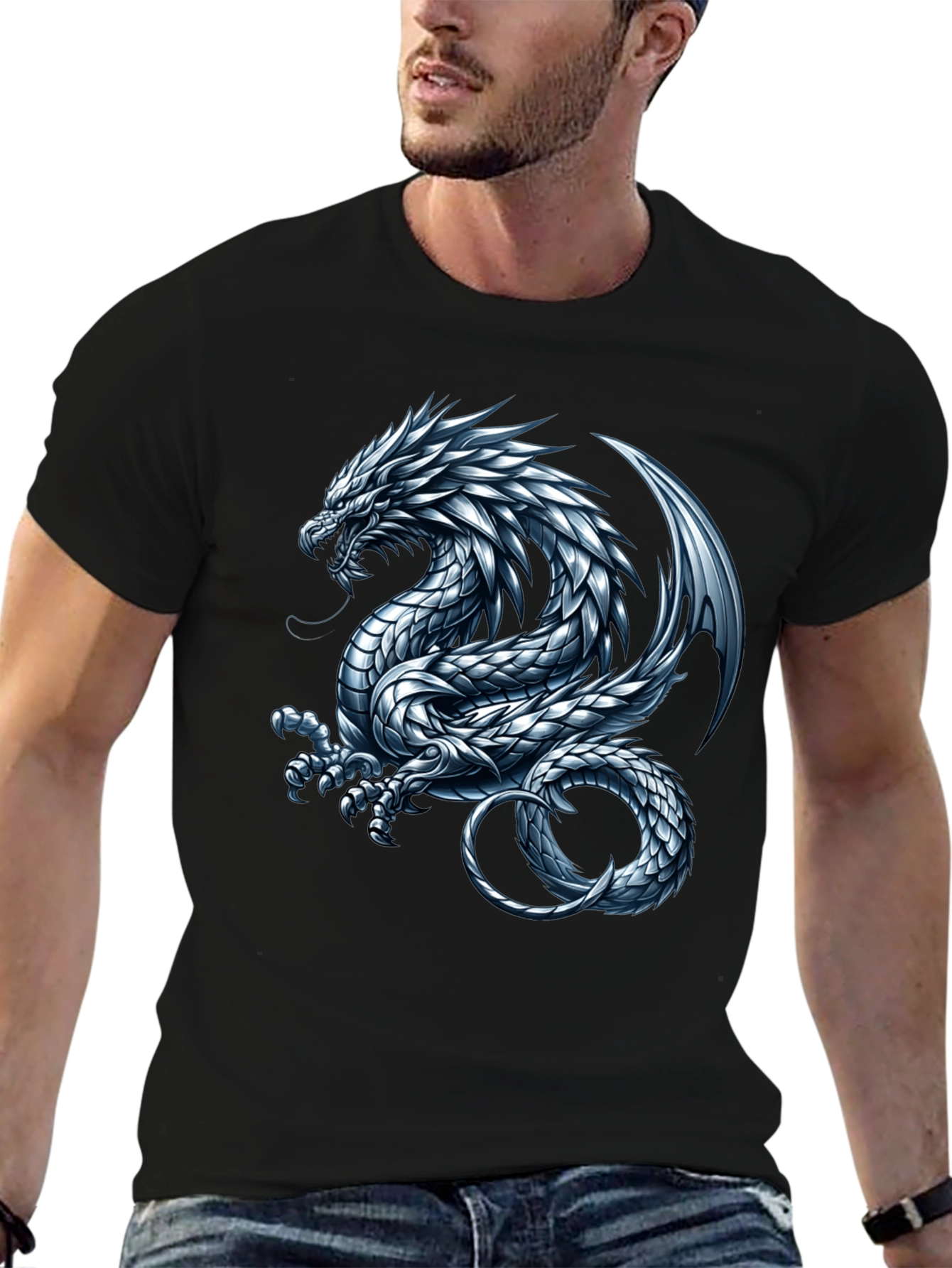 Black Black T-Shirt with Silver Dragon Graphic view 6