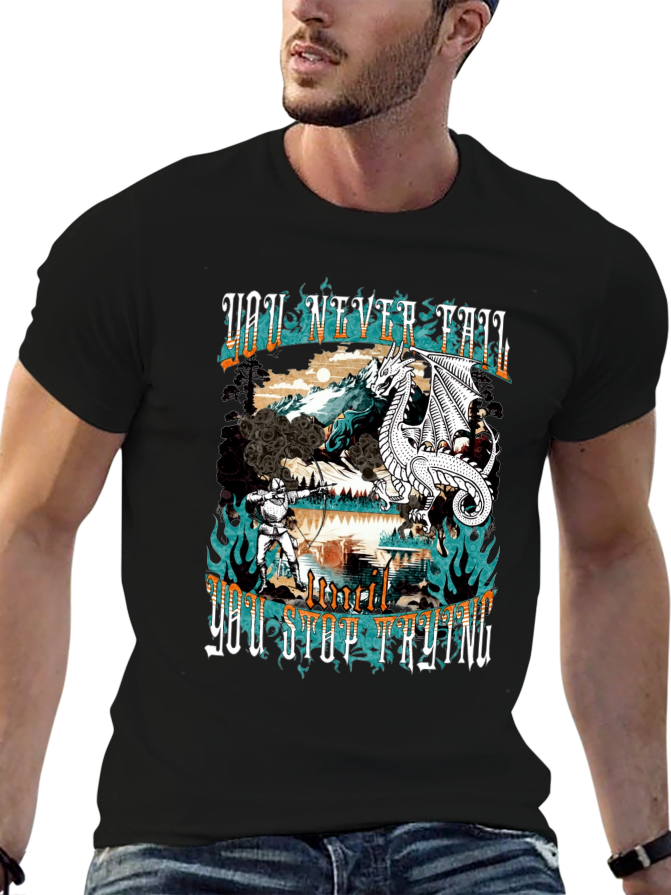 Black Dragon and Knight Graphic Tee - Never Fail view 6