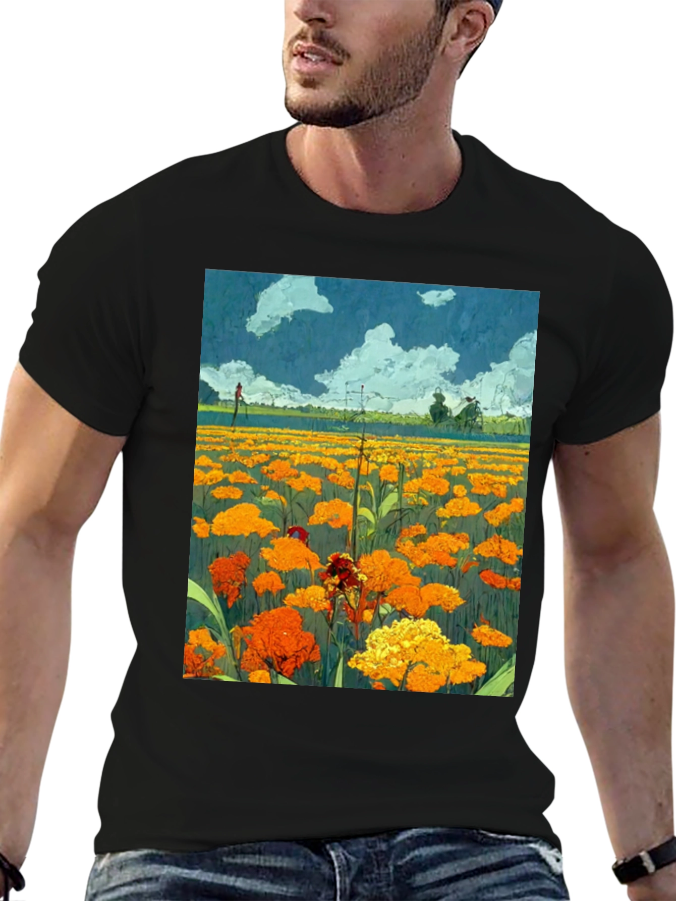 Black Floral Field Print Black T-Shirt view 6