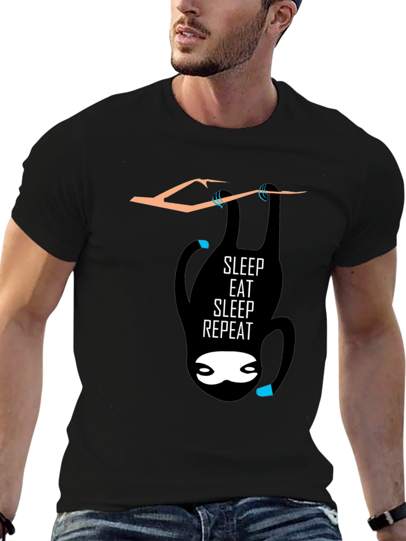 Black Sleep Eat Repeat Sloth Graphic Tee - Black Cotton Casual T-Shirt view 6