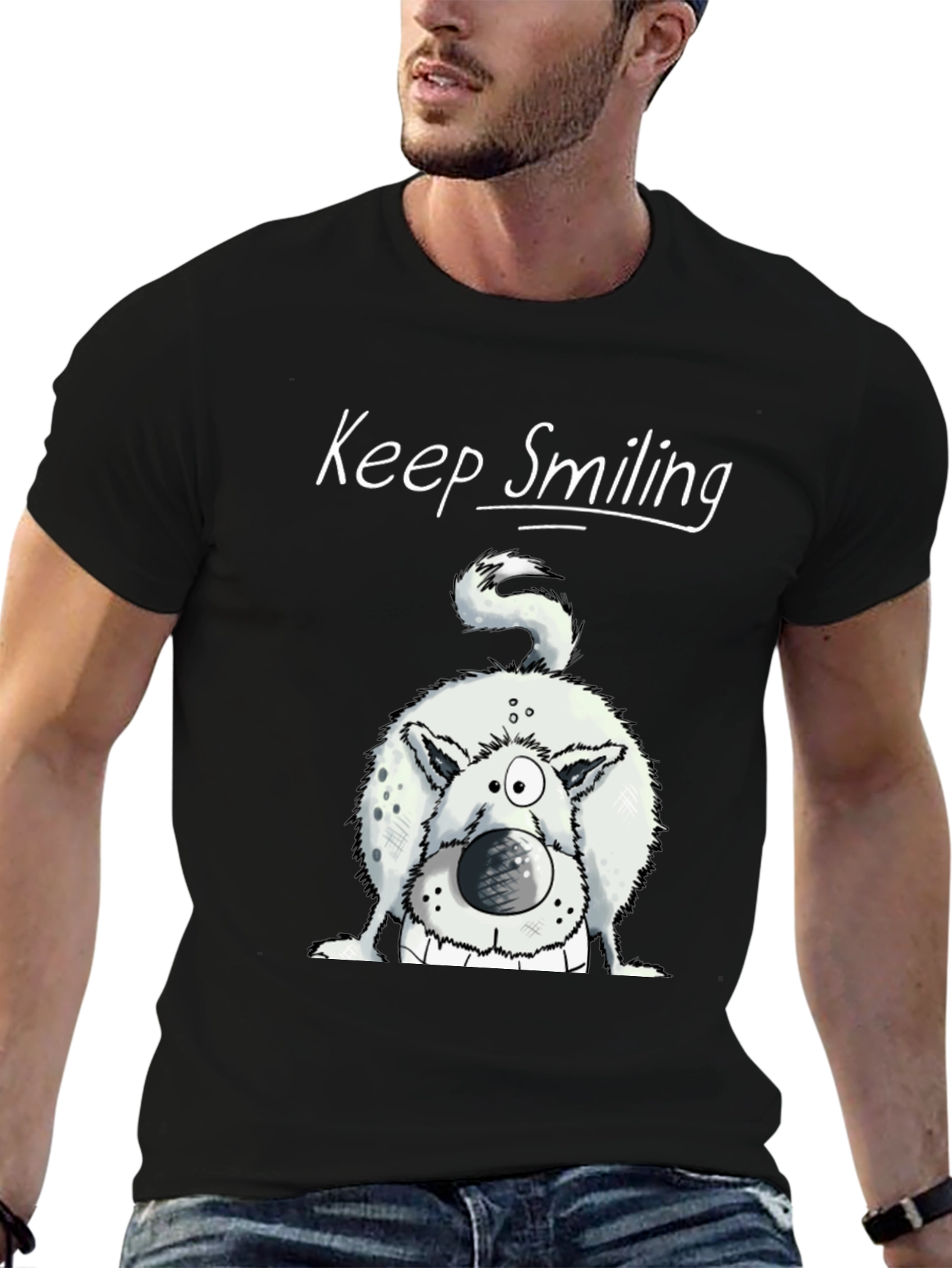 Black Keep Smiling Dog Graphic Tee - Black Cotton Shirt view 6