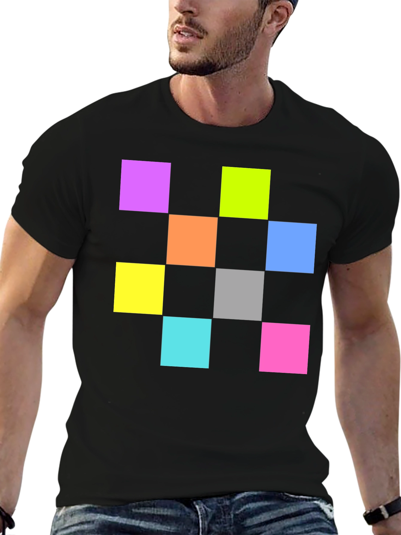 Black Colorful Squares Graphic Black T-Shirt view 6