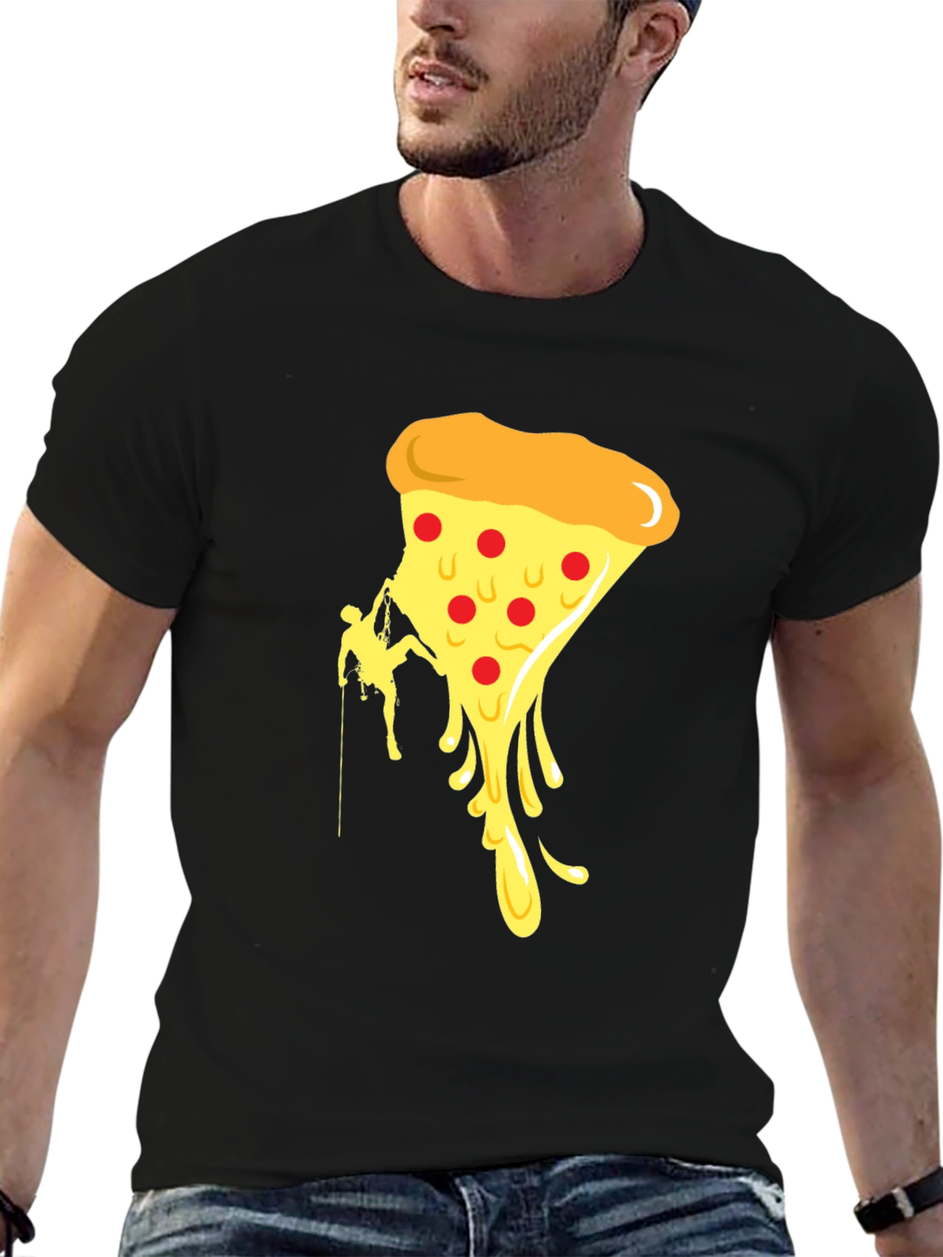 Black Climbing Pizza T-Shirt - Funny Graphic Tee view 6