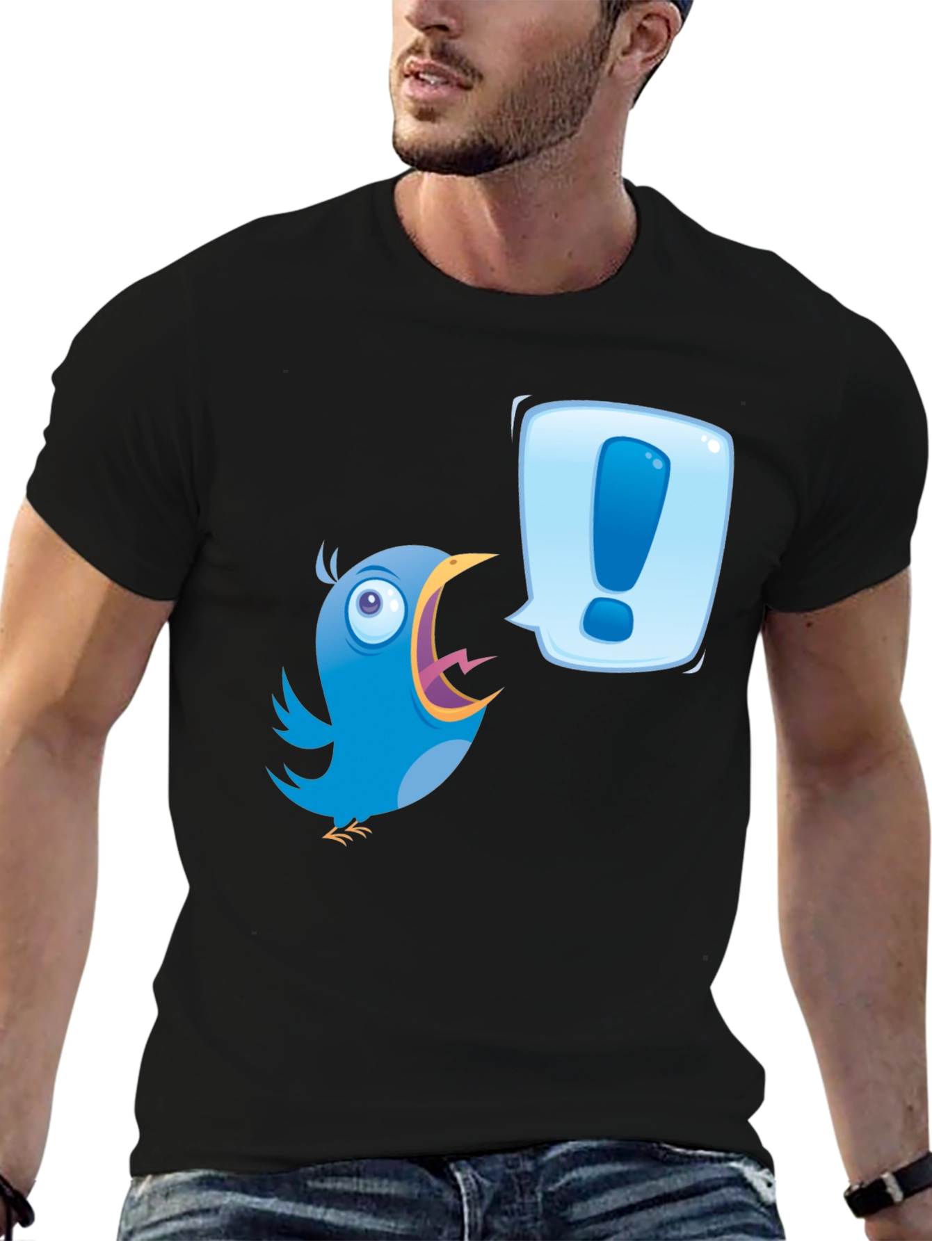 Black Cartoon Bird Exclamation T-Shirt view 6
