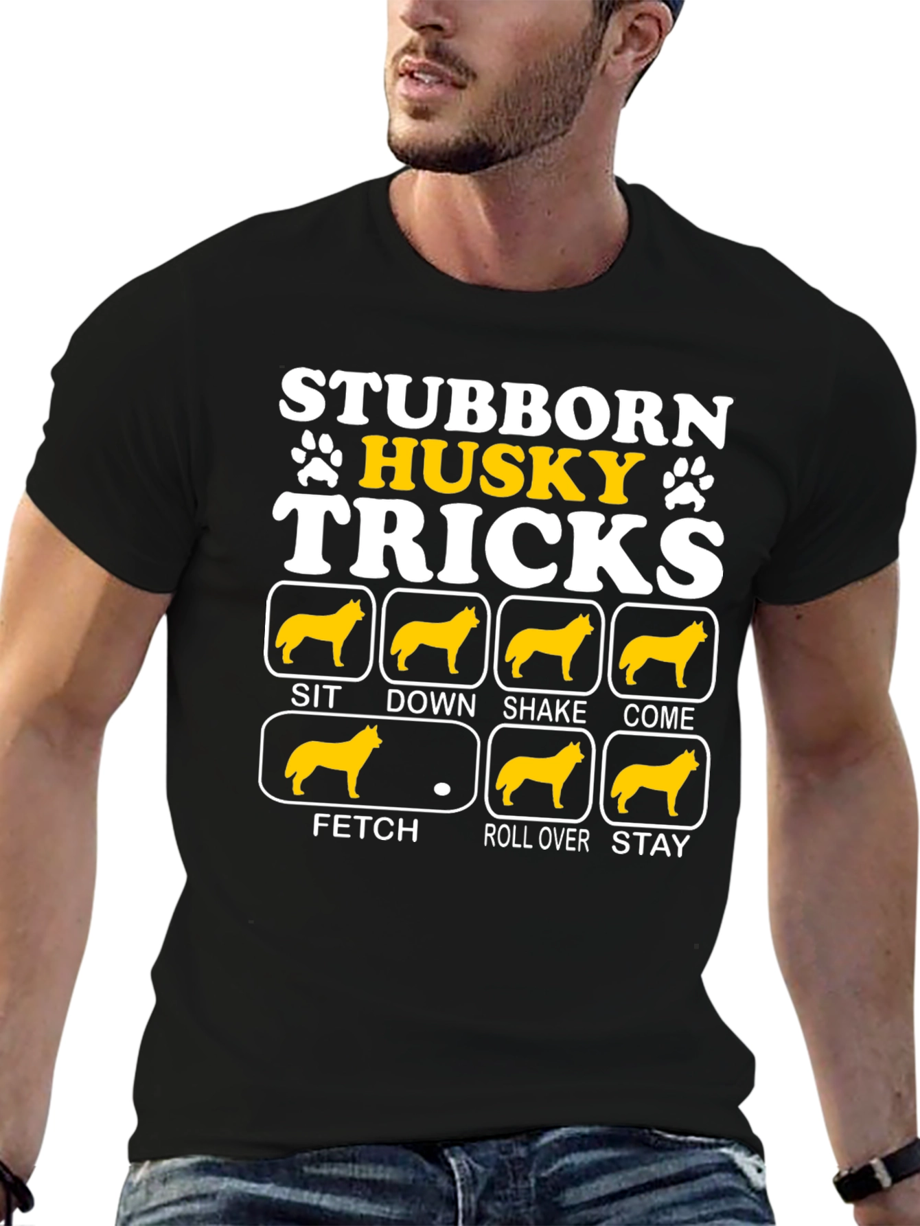 Black Stubborn Husky Tricks Graphic T-Shirt view 6