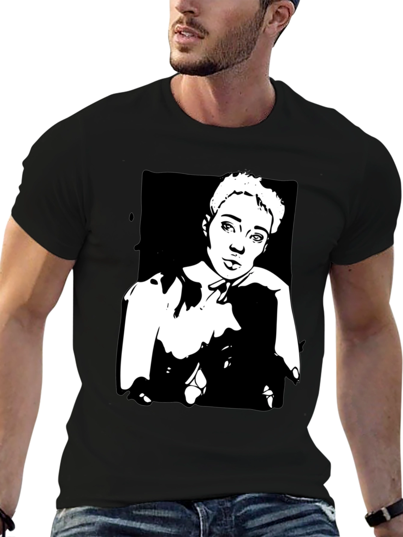 Black Black T-Shirt with Unique Portrait Graphic view 6
