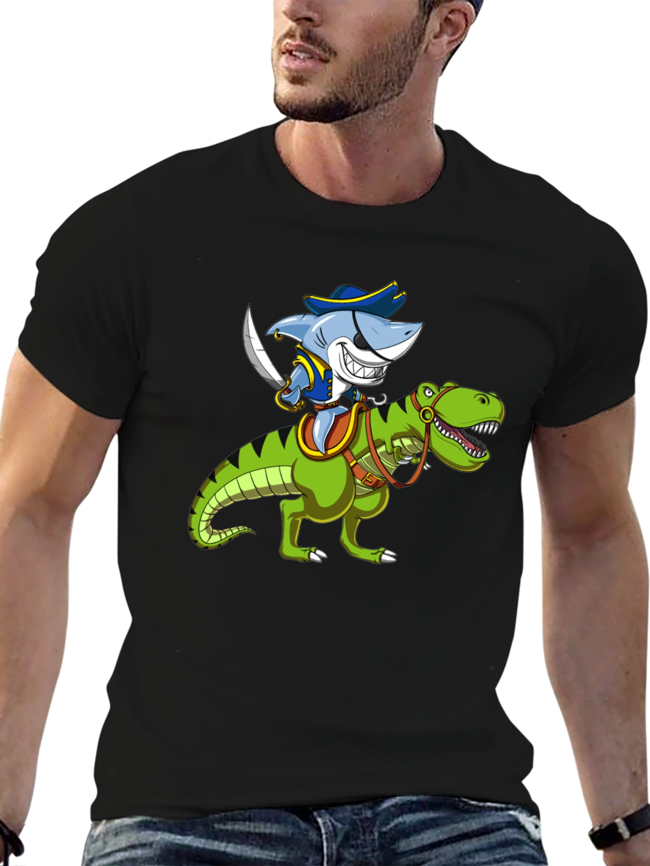 Black Shark Pirate Riding Dinosaur Graphic T-Shirt view 6