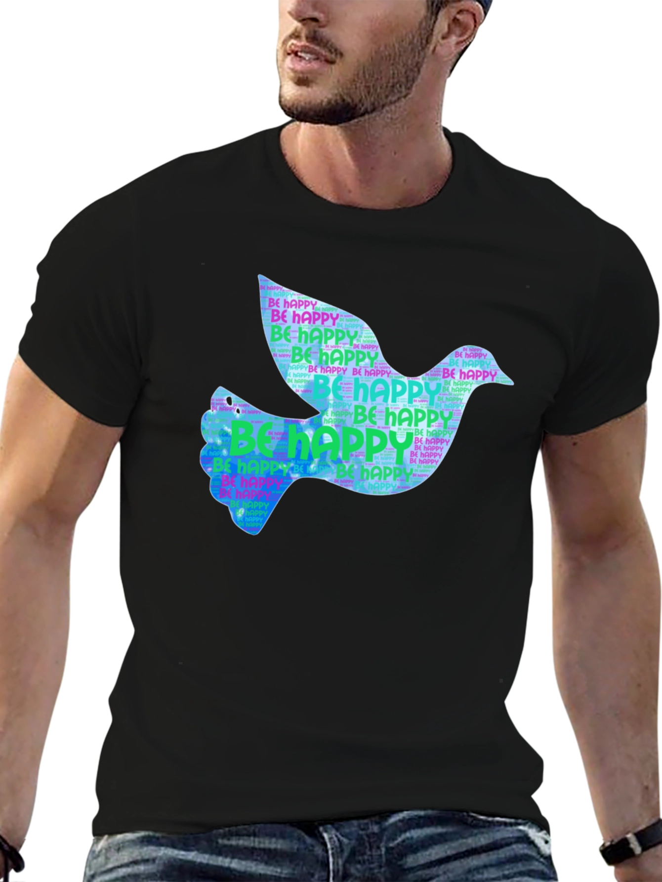 Black Peace Dove "Be Happy" Graphic Black T-Shirt view 6