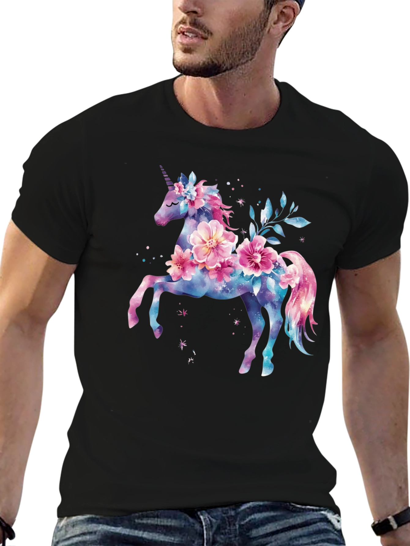Floral Unicorn Graphic Tee - Black Cotton Blend Shirt - 6