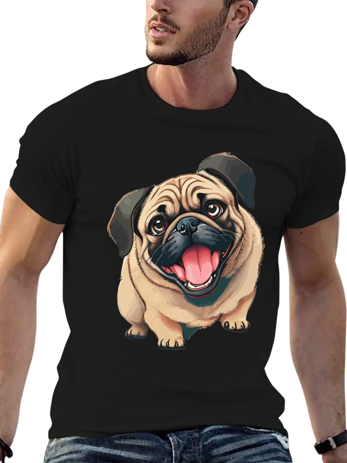 Black Pug Dog Graphic Tee - Men's Black Cotton T-Shirt view 6