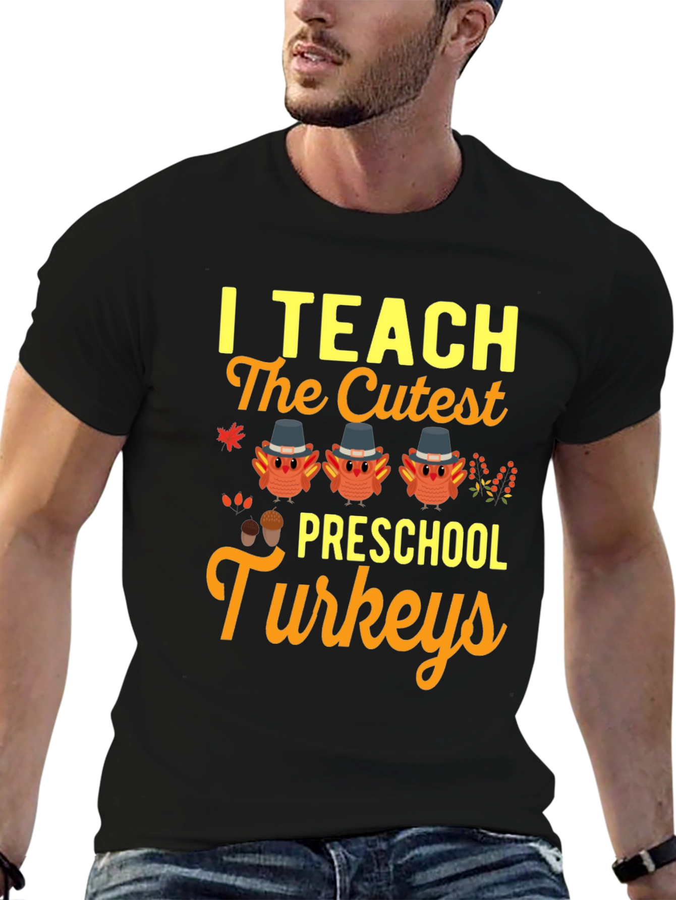 Black Cute Preschool Turkey Teacher T-Shirt view 6