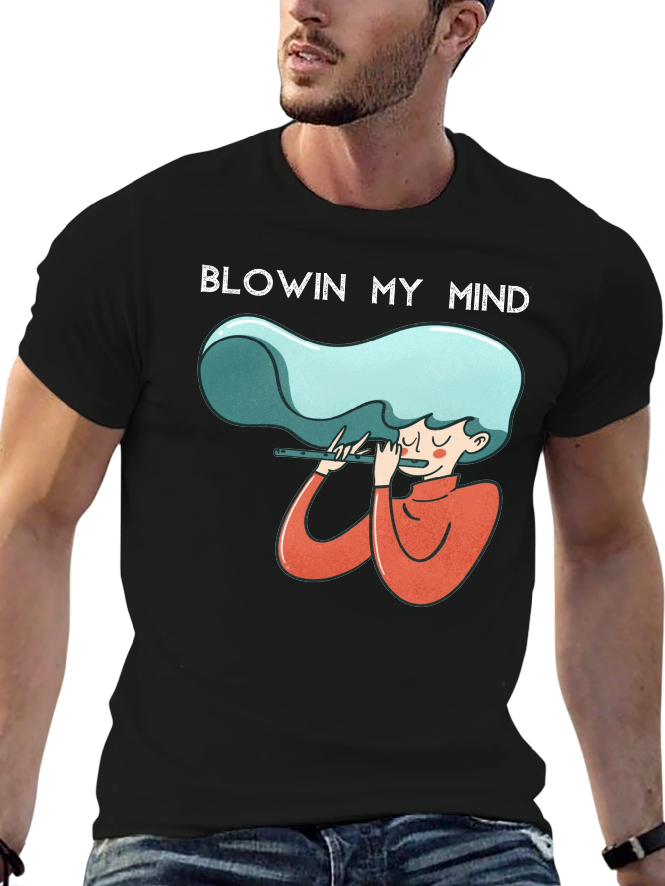 Black Blowin My Mind Flute Player Graphic Tee - Unisex view 6