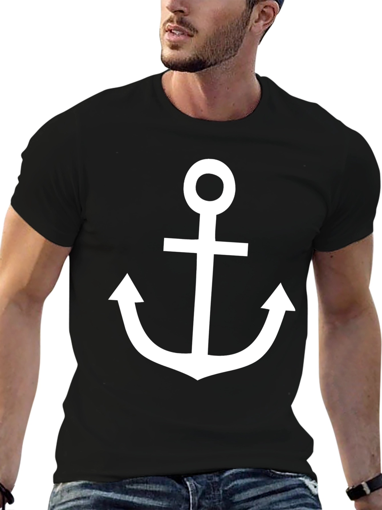 Black Nautical Anchor Graphic T-Shirt - Classic Black Cotton Tee view 6