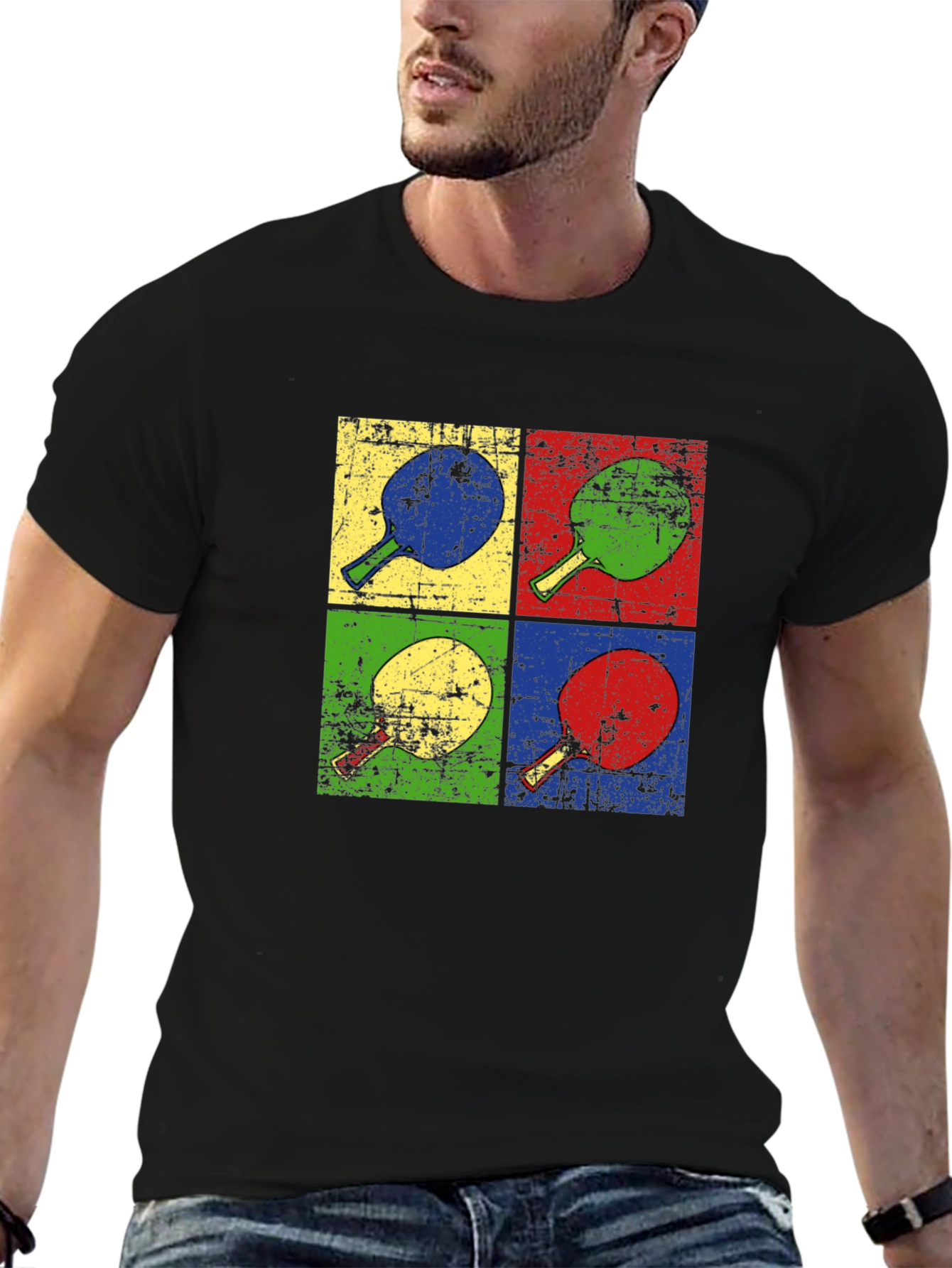 Black Retro Pop Art Ping Pong Paddle T-Shirt view 6