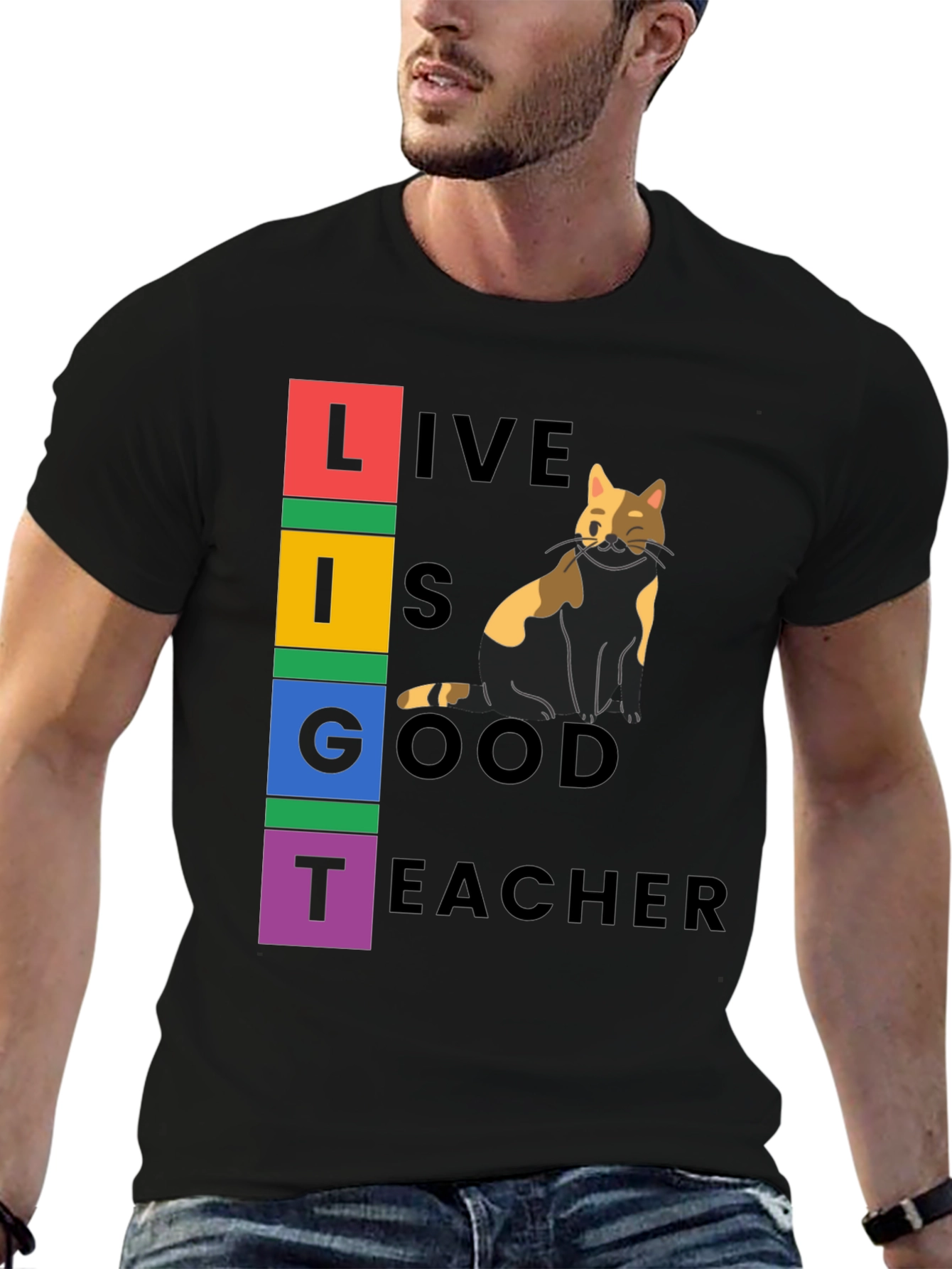 Black Live Is Good Cat Teacher Graphic Tee view 6