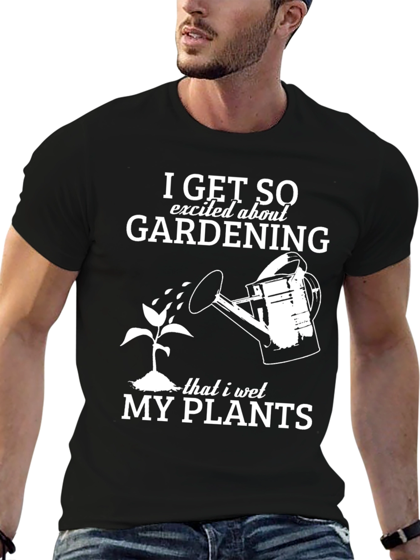 Black Gardening Humor T-Shirt: "I Wet My Plants" view 6