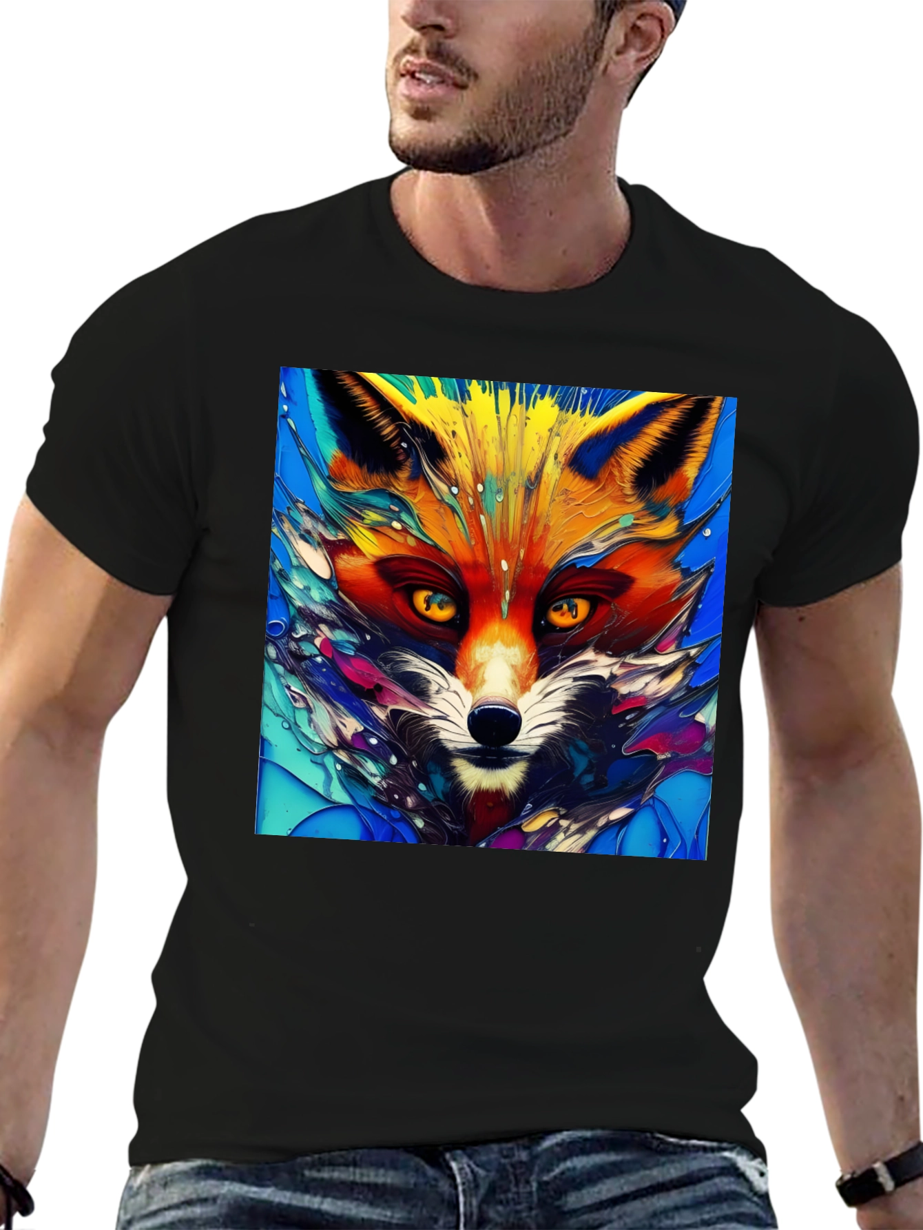 Black Artistic Fox Graphic T-Shirt - Vivid Colors view 6