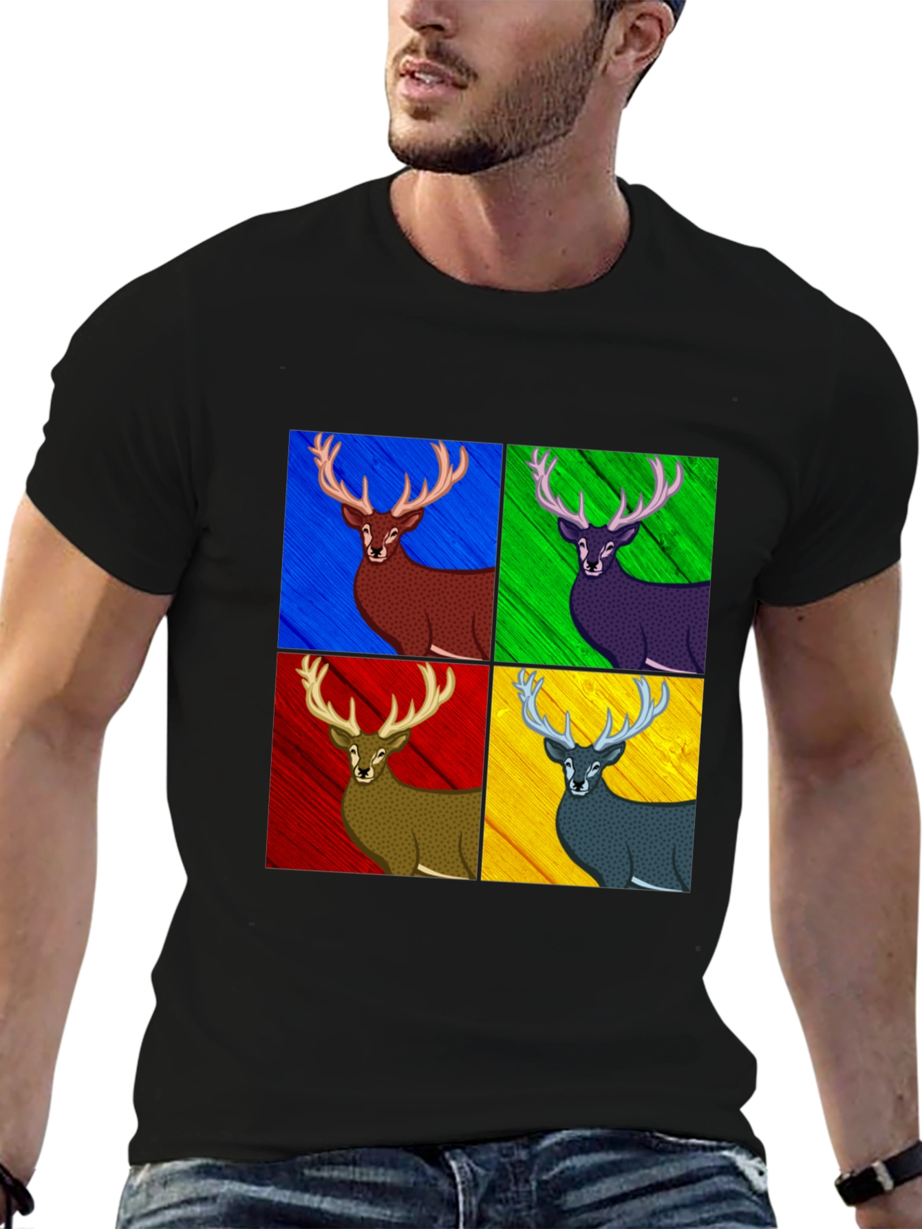 Black Pop Art Deer Graphic Tee - Black Cotton Blend view 6