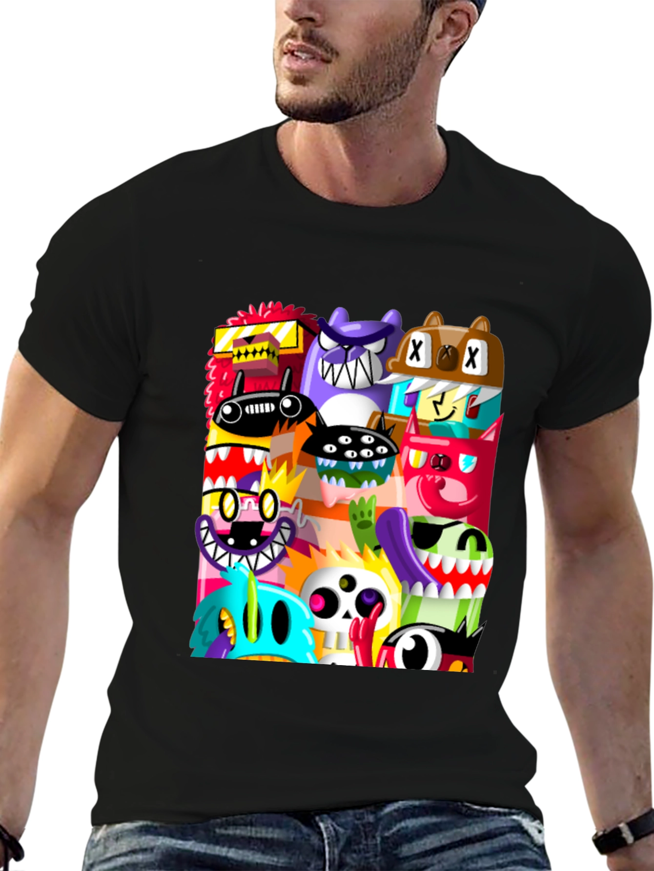 Black Monster Mash Graphic Tee - Unique Cartoon Design view 6