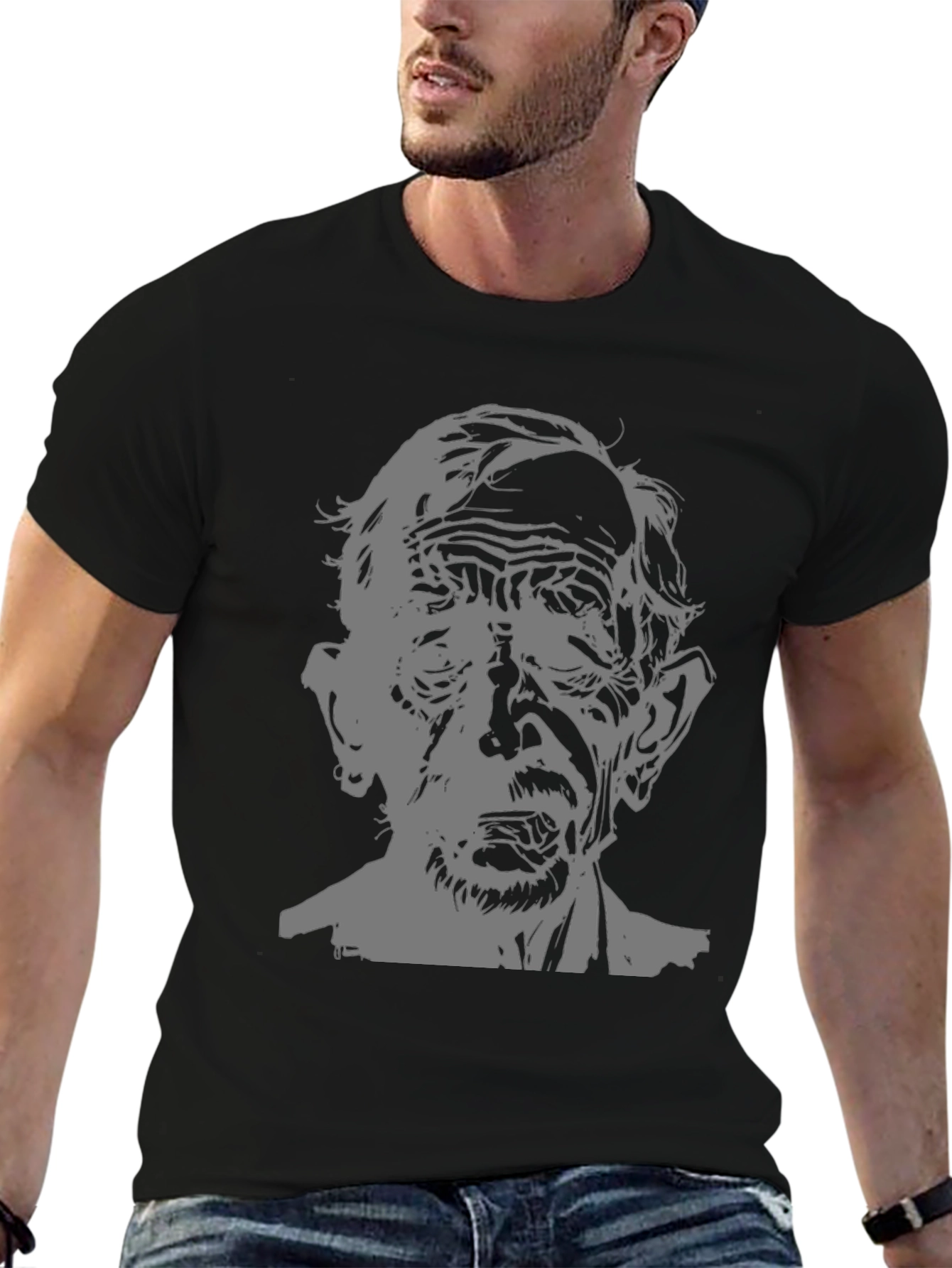 Black Creepy Old Man Graphic T-Shirt - Black Tee view 6