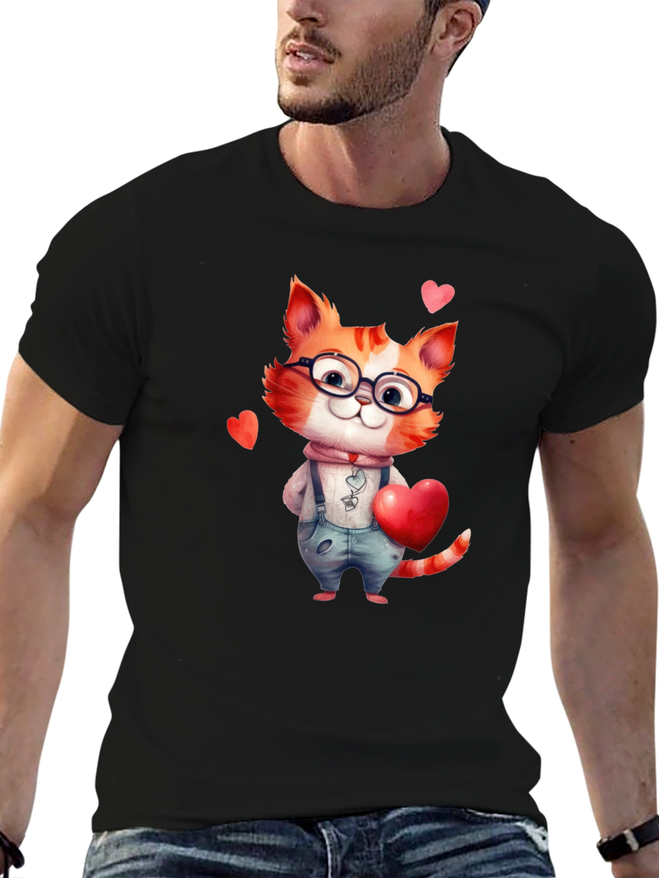 Black Cute Valentine Cat Graphic T-Shirt view 6