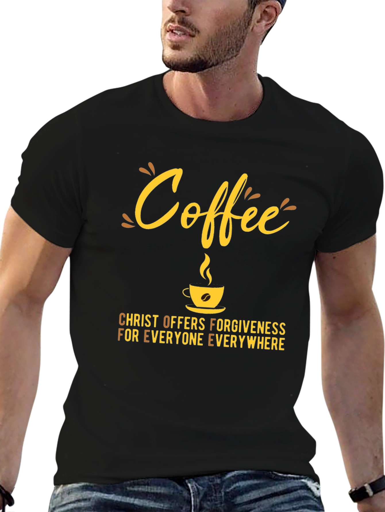 Black Coffee Christ Offers Forgiveness T-Shirt view 6