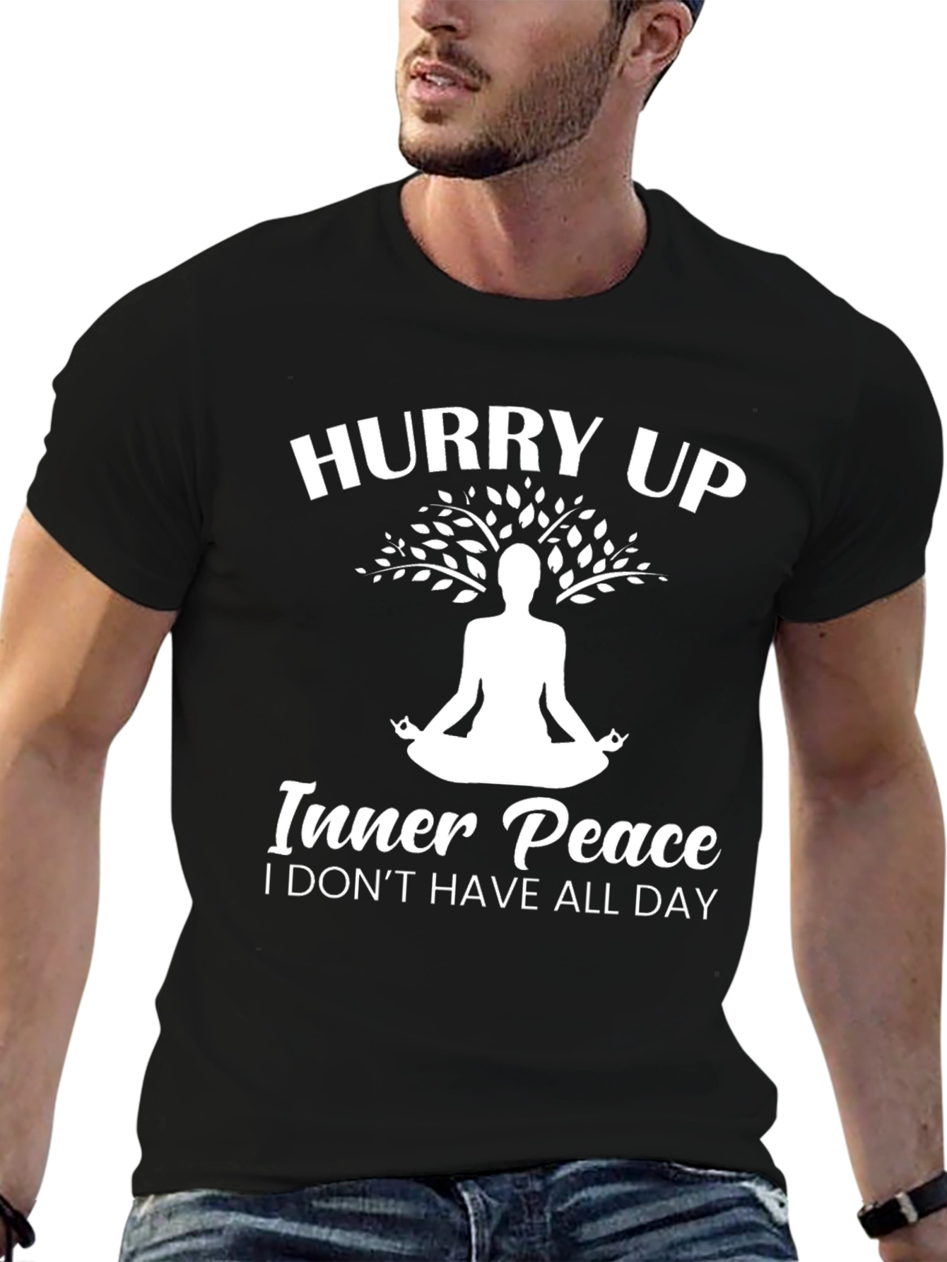 Black Hurry Up Inner Peace Funny Yoga Meditation T-Shirt view 6